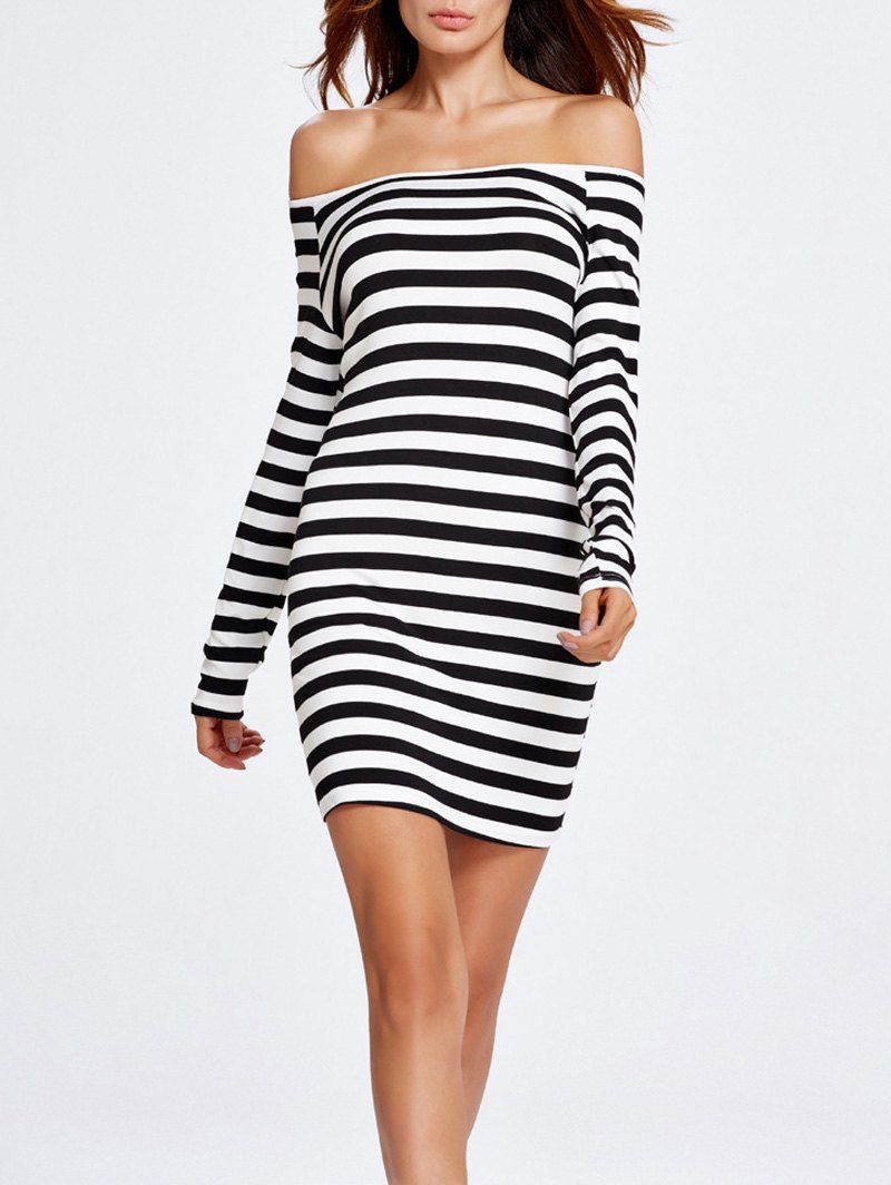 

Off The Shoulder Stripe Tight Dress, Black