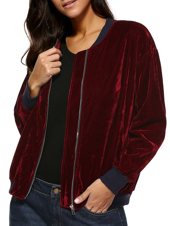 Pockets Design Velvet Jacket - CLARET XL
