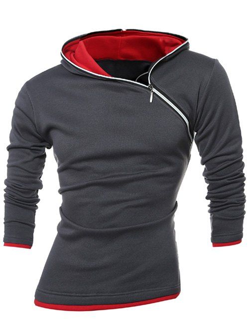 

Slim-Fit Side Zip Design Pullover Hoodie, Gray and red