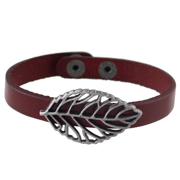 

Leaf Filigree Faux Leather Bracelet, Wine red