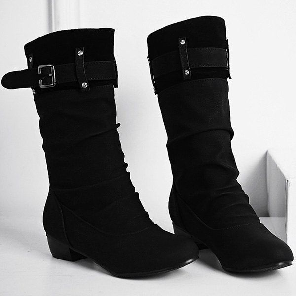 [41% OFF] 2021 Rhinestone Buckle Ruched Mid-Calf Boots In BLACK | DressLily