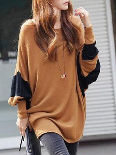 Loose-Fitting Contraste T-shirt Patchwork - Camel ONE SIZE