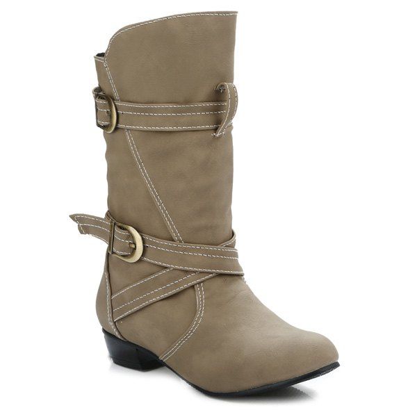 

Buckle Straps Stitching PU Leather Mid-Heel Boot, Khaki