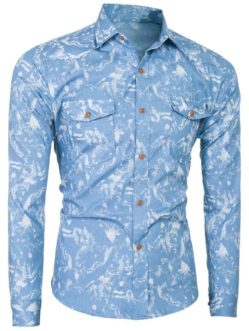 

Botton Pocket Long Sleeve Tie-Dyed Shirt, Light blue