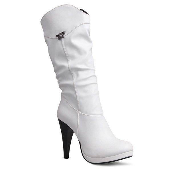 

Metallic Embellished High Heel Ruched Mid Calf Boots, White