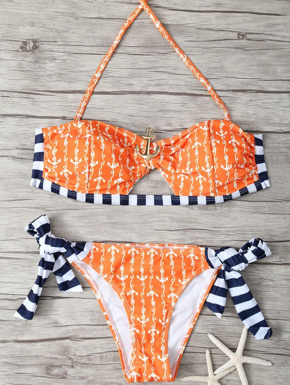 Halter Anchor Print Bikini - Orange S