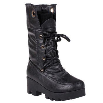 [41% OFF] 2023 Lace Up Chunky Heel Ruched Mid Calf Boots In BLACK ...