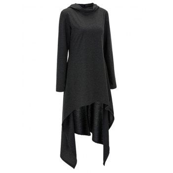 High Low Hooded Dress with Long Sleeves, BLACK GREY, XL in Long Sleeve ...