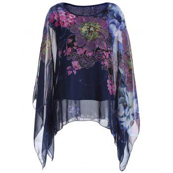 [41% OFF] 2023 Batwing Sleeve Printed Chiffon Blouse In DEEP BLUE ...