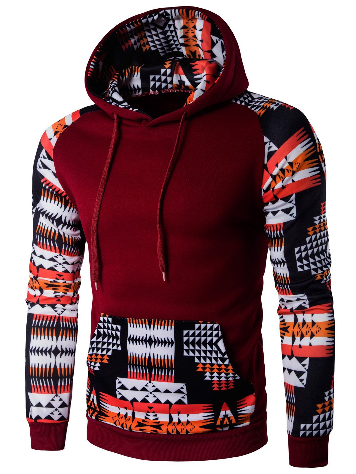 

Geometric Print Patchwork Design Hoodie, Wine red