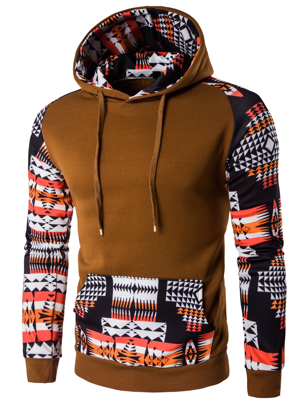 

Geometric Print Patchwork Design Hoodie, Coffee