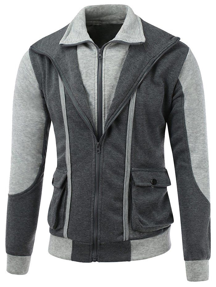 

Contrast Insert Cargo Pocket Front Double Zip Hoodie, Deep gray