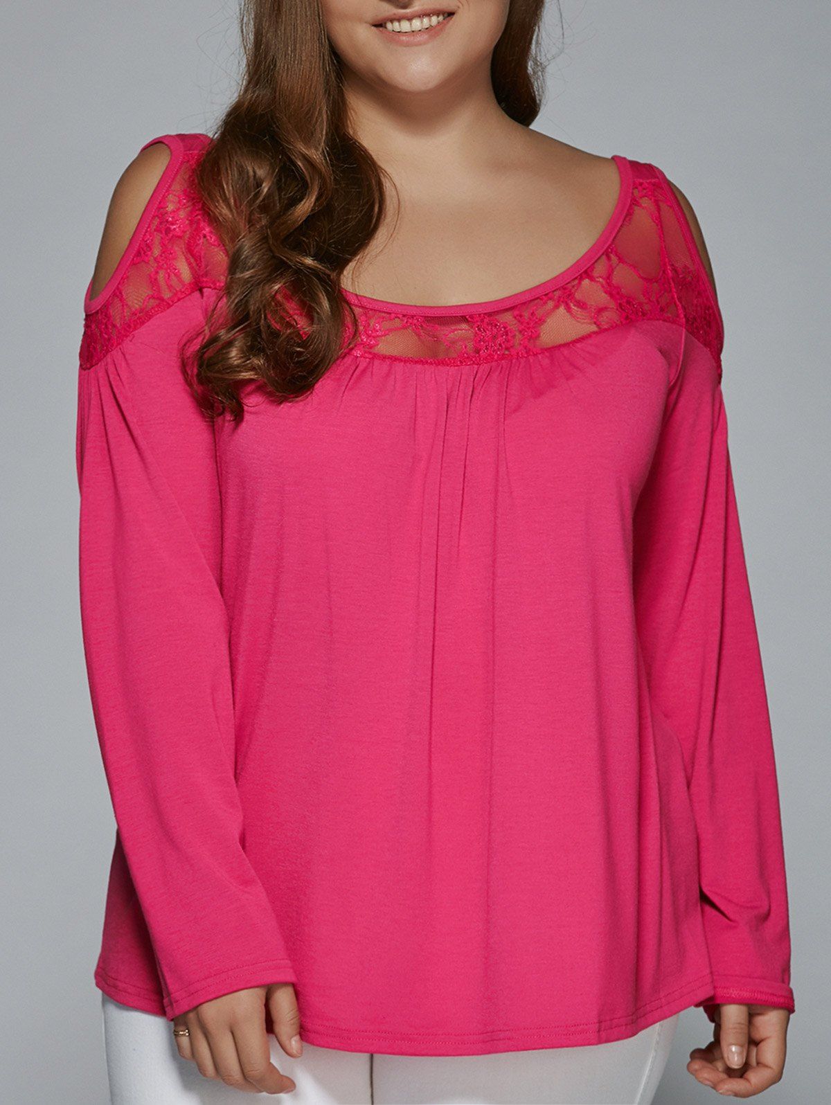 

Long Sleeve Lace Patchwork Cold Shoulder T-Shirt, Rose red