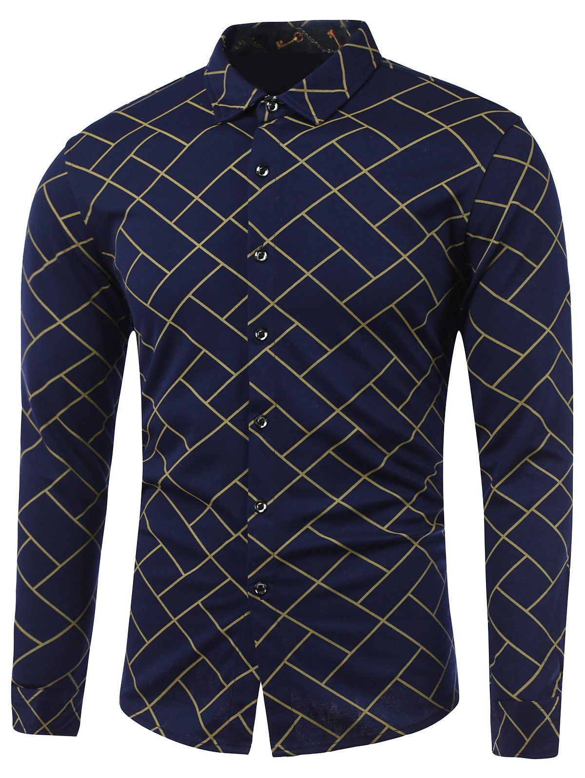 

Turn-Down Collar Irregular Argyle Print Long Sleeve Shirt, Yellow