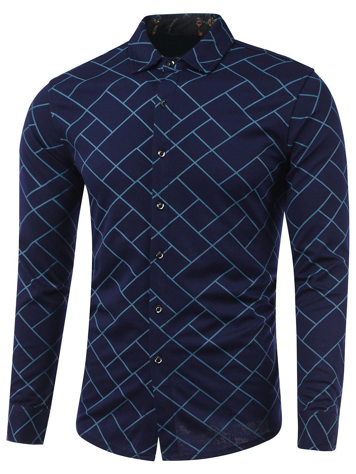 

Turn-Down Collar Irregular Argyle Print Long Sleeve Shirt, Blue