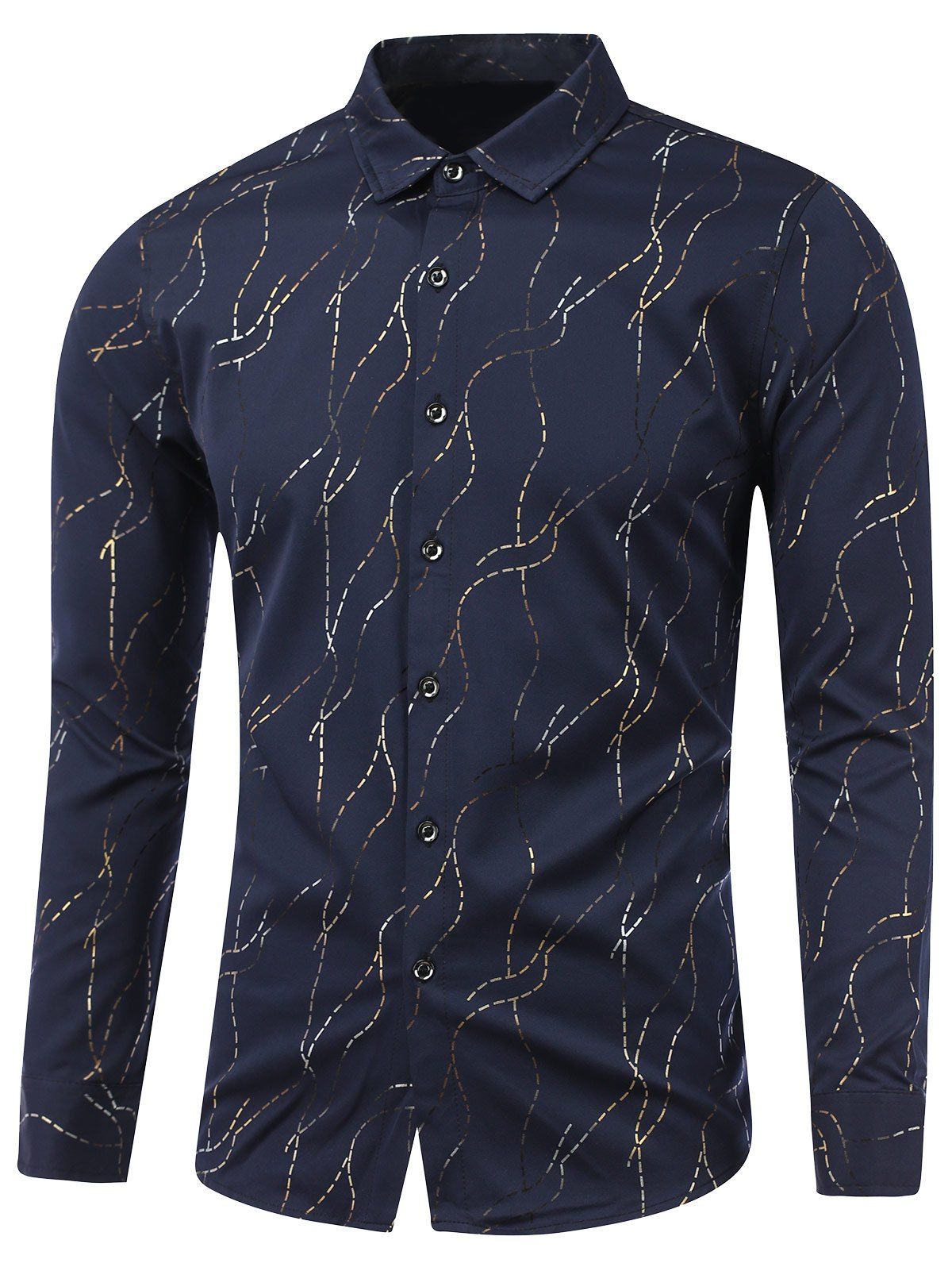 

Turn-Down Collar Golden Waviness Print Long Sleeve Shirt, Cadetblue