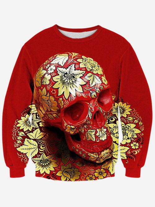 

Long Sleeve Floral Skull 3D Print Crew Neck Sweatshirt, Red
