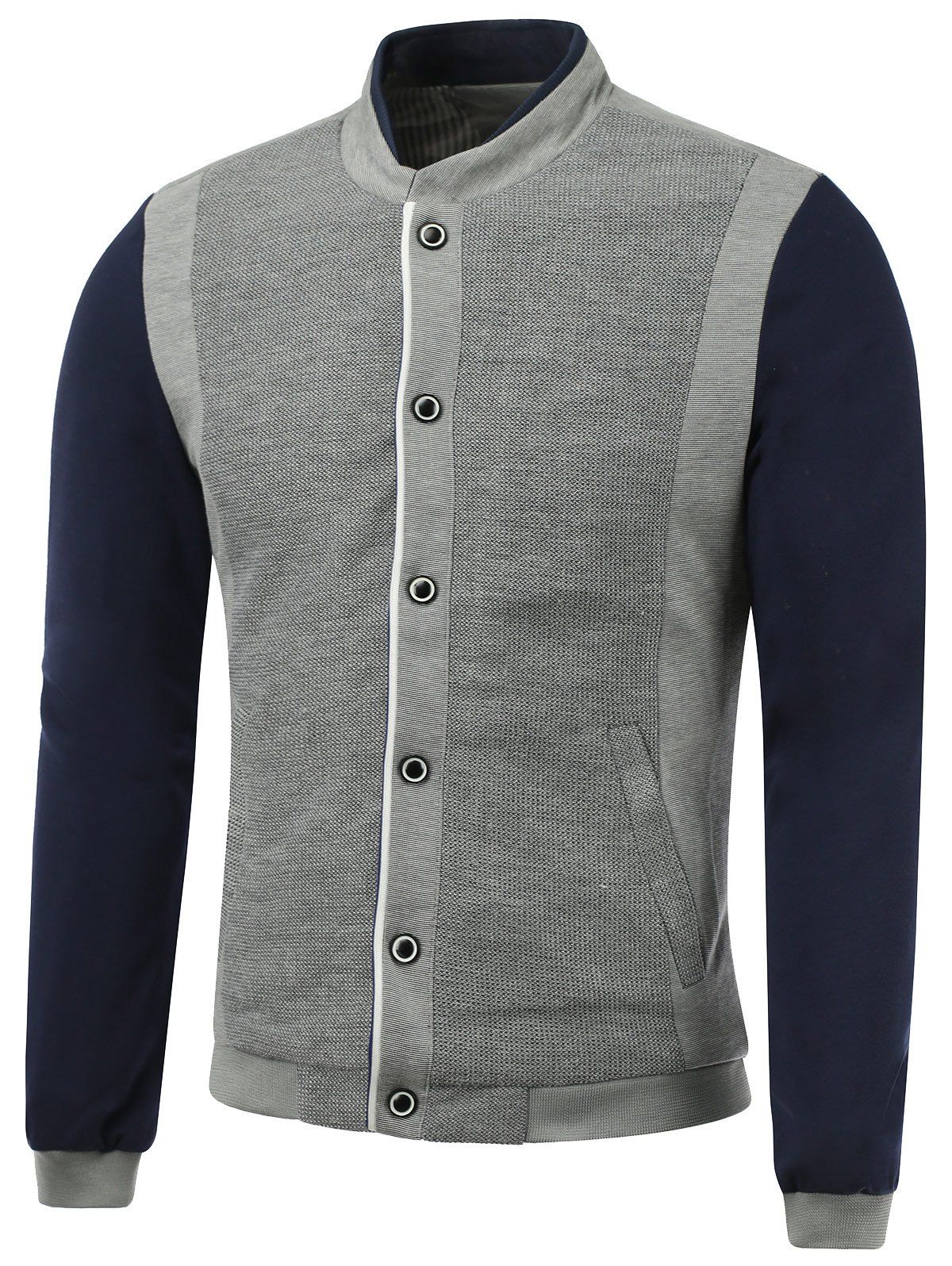 

Rib Spliced Color Block Stand Collar Single-Breasted Jacket, Gray