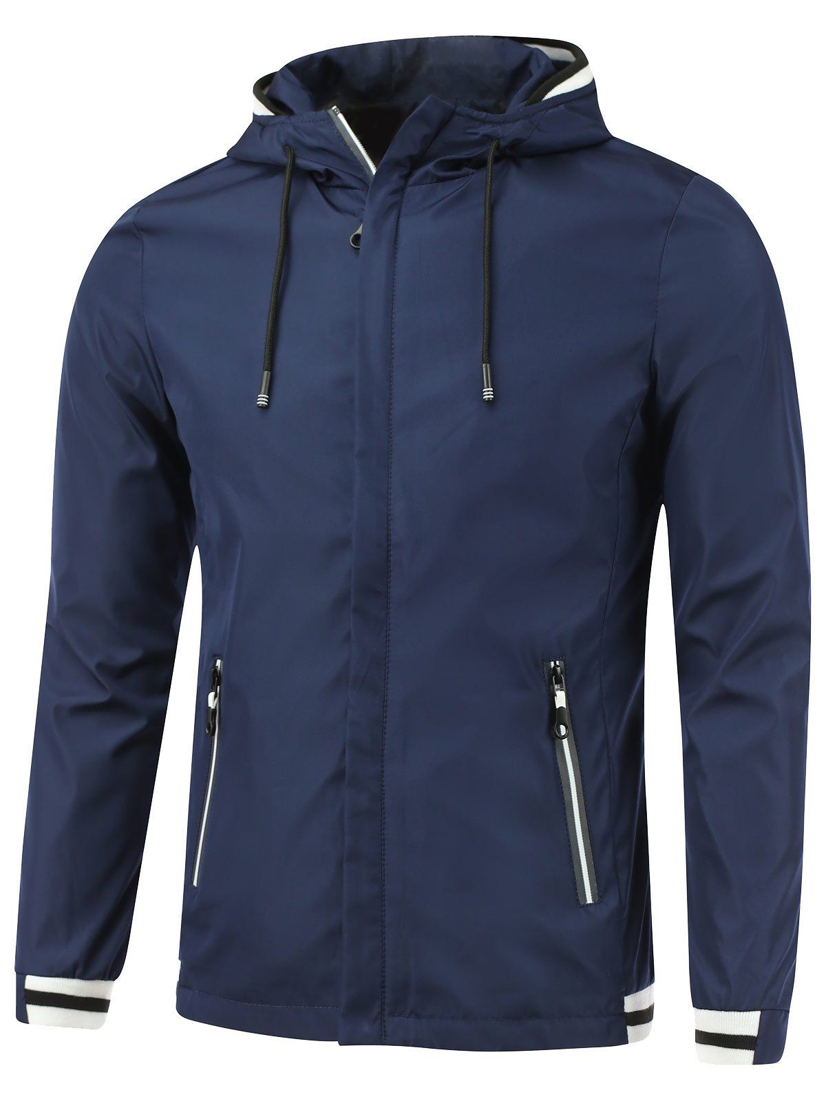 

Rib Spliced Letter Fashon Hooded Zip-Up Jacket, Deep blue