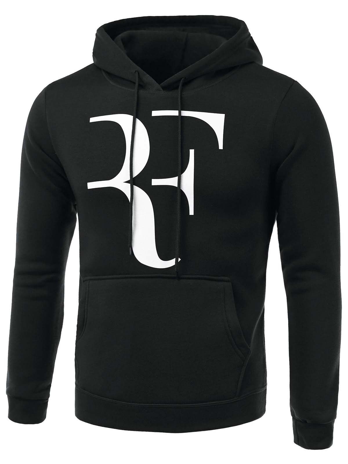 

Abstract Letter Print Long Sleeve Hoodie, Black