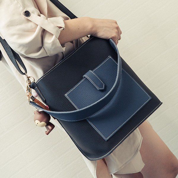 2018 Closure Color Spliced Textured Leather Shoulder Bag BLACK