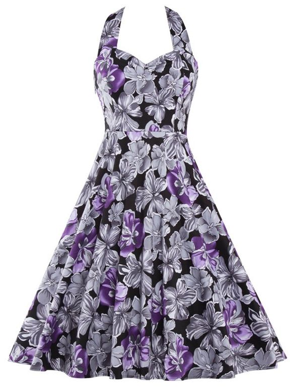 Halter Neck Backless Floral Print Dress - Pourpre XL