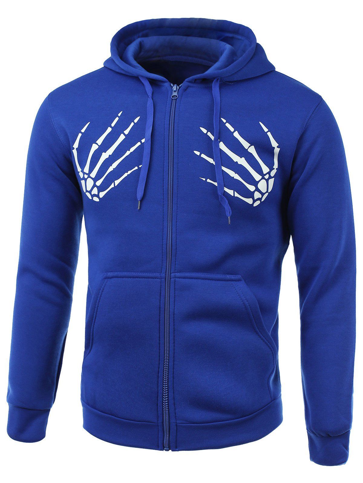 

Skull Hands Print Long Sleeve Fleece Zip-Up Hoodie, Blue