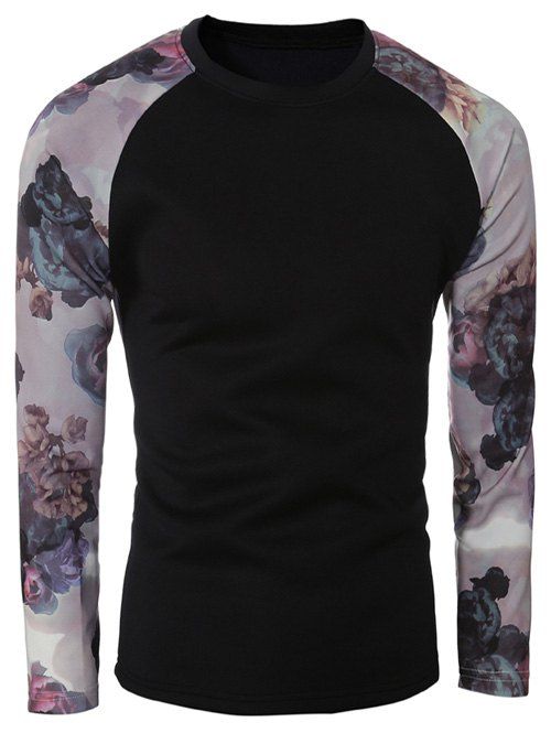 Ras du cou imprimé floral épissage manches T-shirt - Noir L