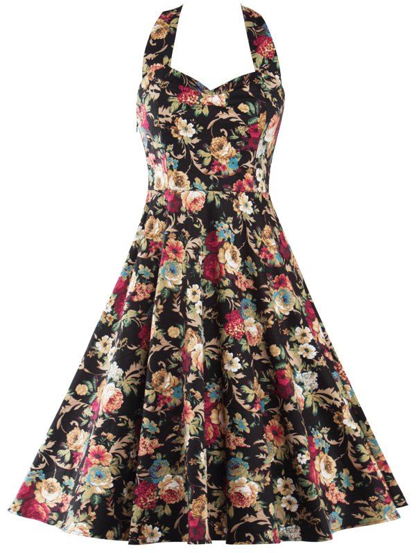 Halter Neck Open Back Swing Floral Print Dress - BLACK XL