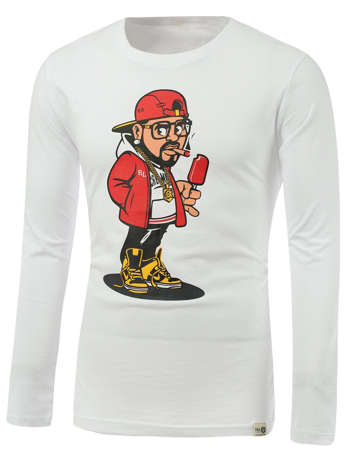 

Cartoon Man Print Round Neck Long Sleeve T-Shirt, White
