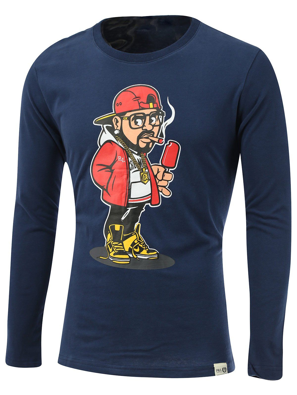 

Cartoon Man Print Round Neck Long Sleeve T-Shirt, Sapphire blue