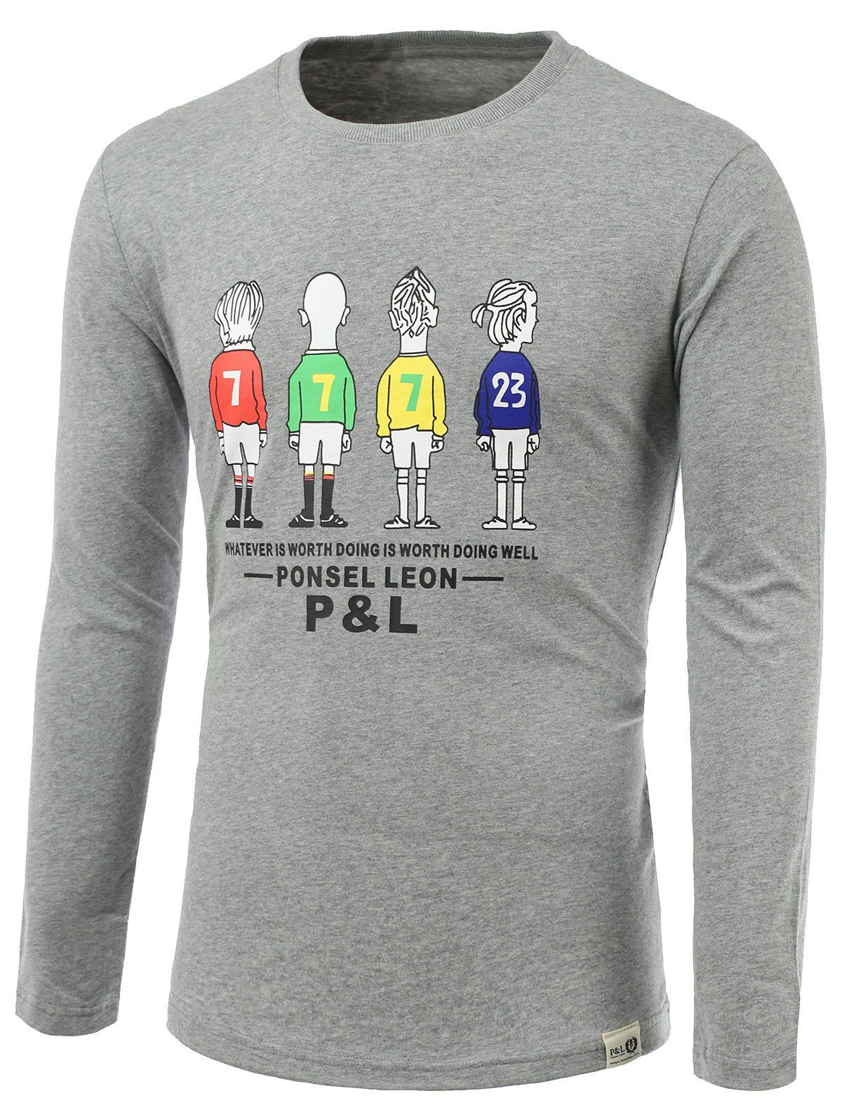 

Cartoon and Letters Print Round Neck Long Sleeve T-Shirt, Gray