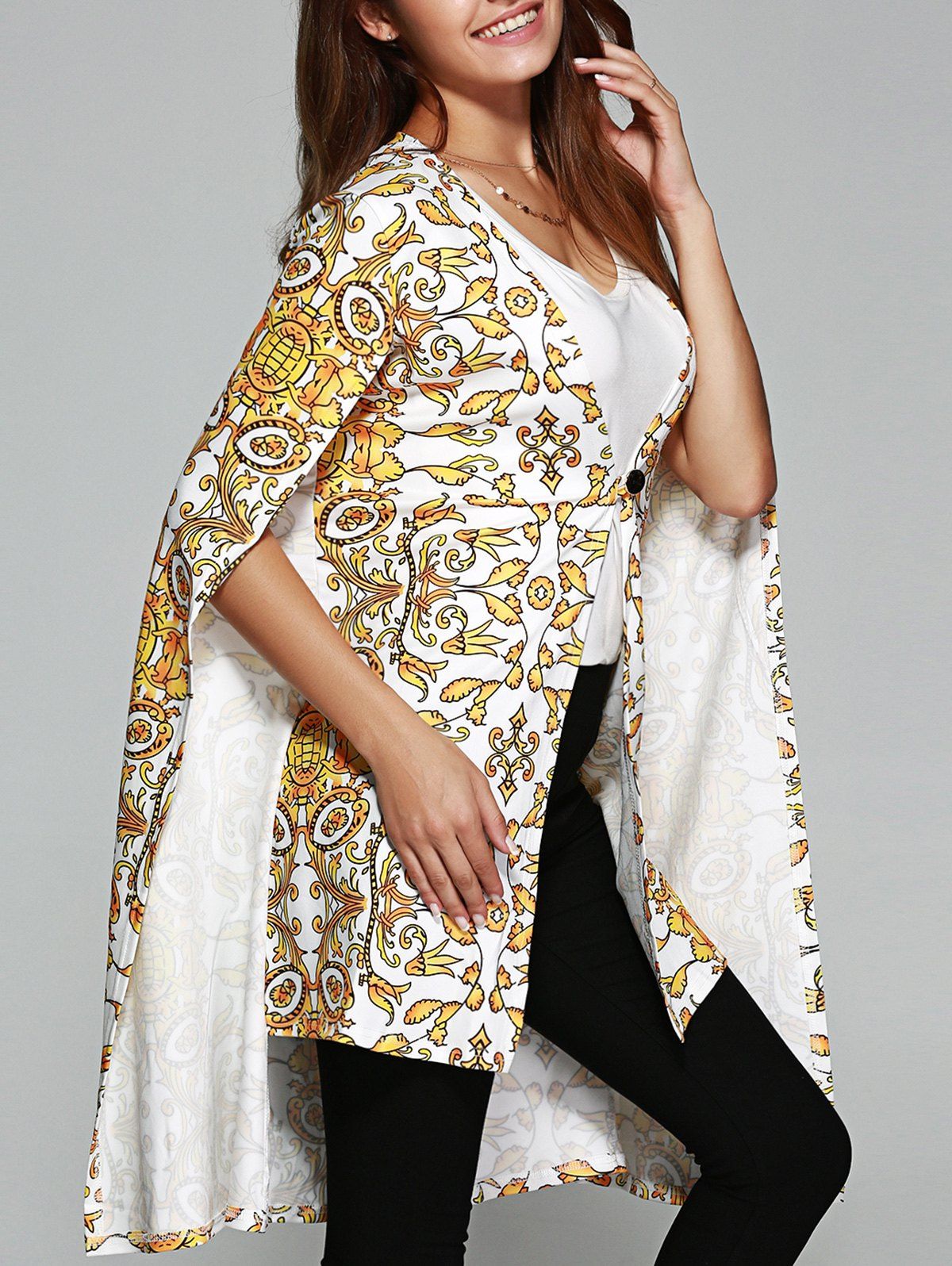 [41 OFF] 2021 Asymmetric Tribal Print Cape Coat In WHITE / GOLD DressLily