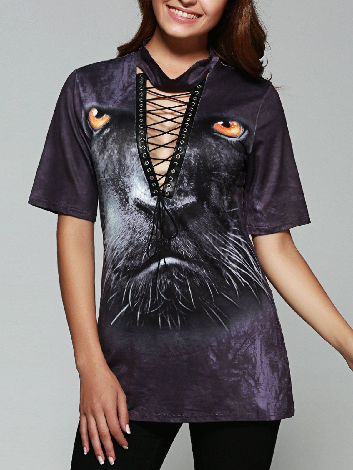 

Leopard Print Lace-Up T-Shirt, Deep purple