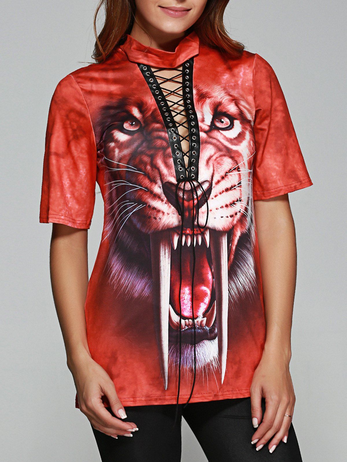 

Tiger Print Front Lace Up Halloween T-Shirt, Orange red