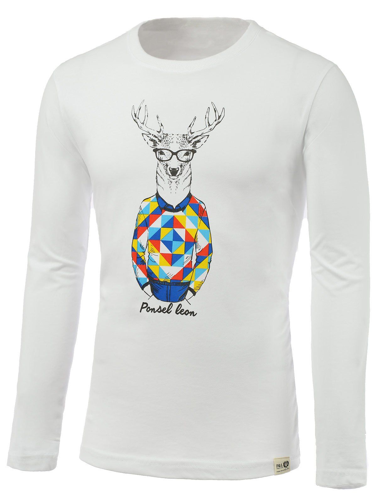 

Cartoon Deer Print Round Neck Long Sleeve T-Shirt, White