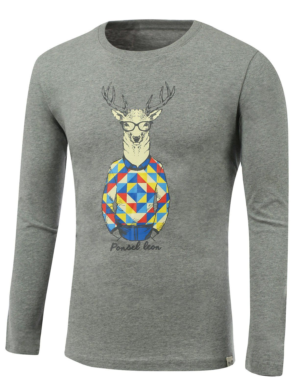 

Cartoon Deer Print Round Neck Long Sleeve T-Shirt, Gray