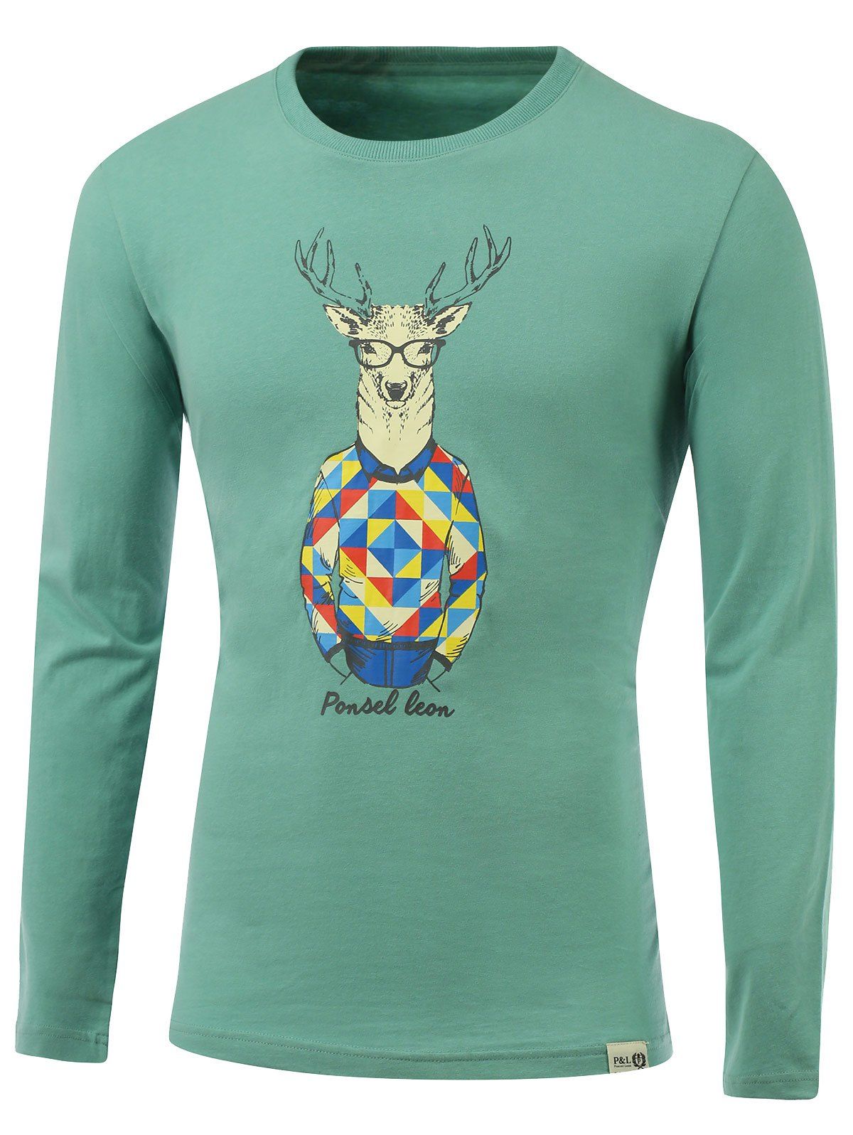 

Cartoon Deer Print Round Neck Long Sleeve T-Shirt, Light green