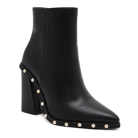 Pointed Toe Chunky Heel Studded Ankle Boots - BLACK 37