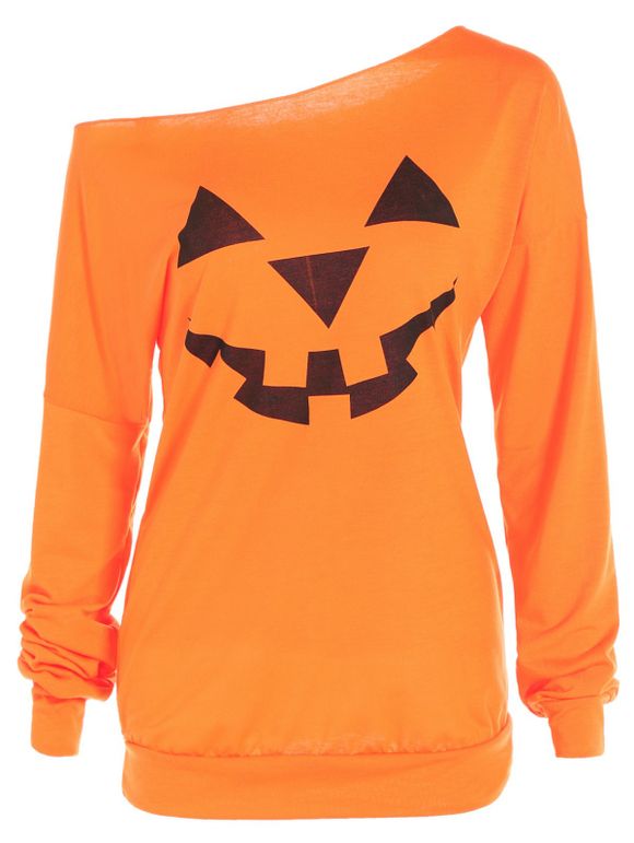 Sweat-shirt Imprimé Citrouille Halloween à Épaules Dénudées - RAL2000 Jaune Orange L