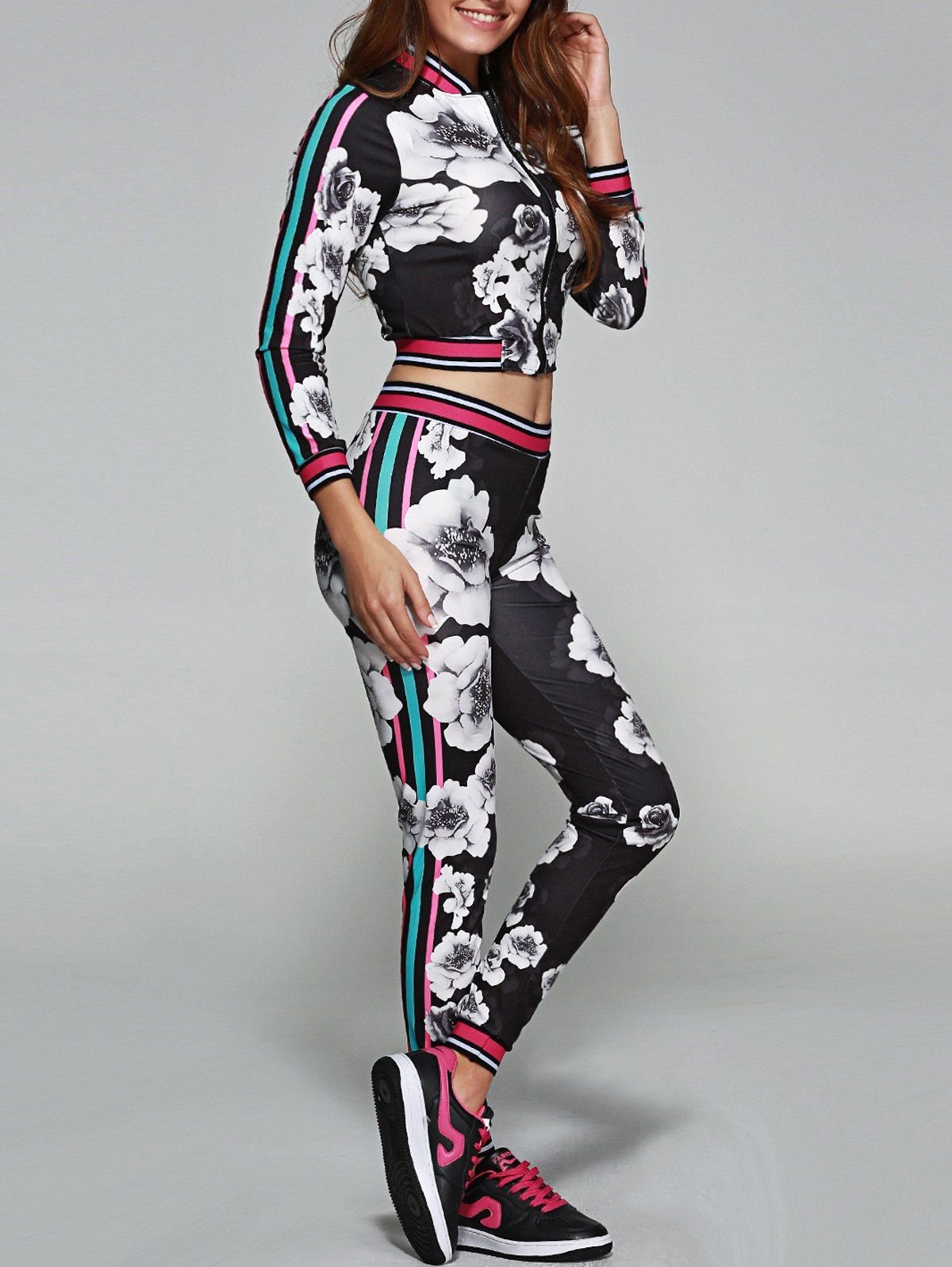 

Flower Pattern Cropped Sports Suit, Black