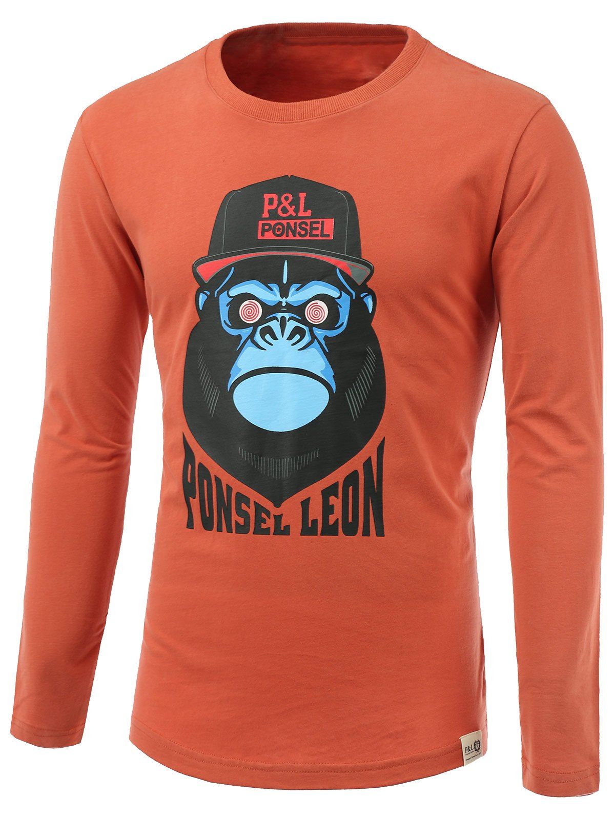 

Cartoon Orangutan Print Round Neck Long Sleeve T-Shirt, Orange