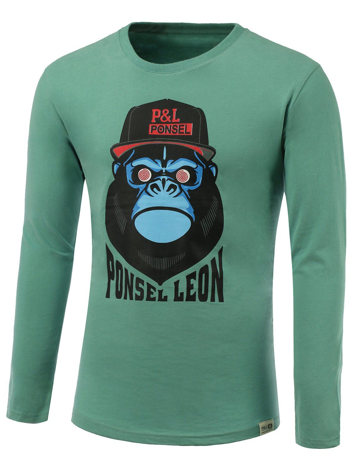 

Cartoon Orangutan Print Round Neck Long Sleeve T-Shirt, Light green