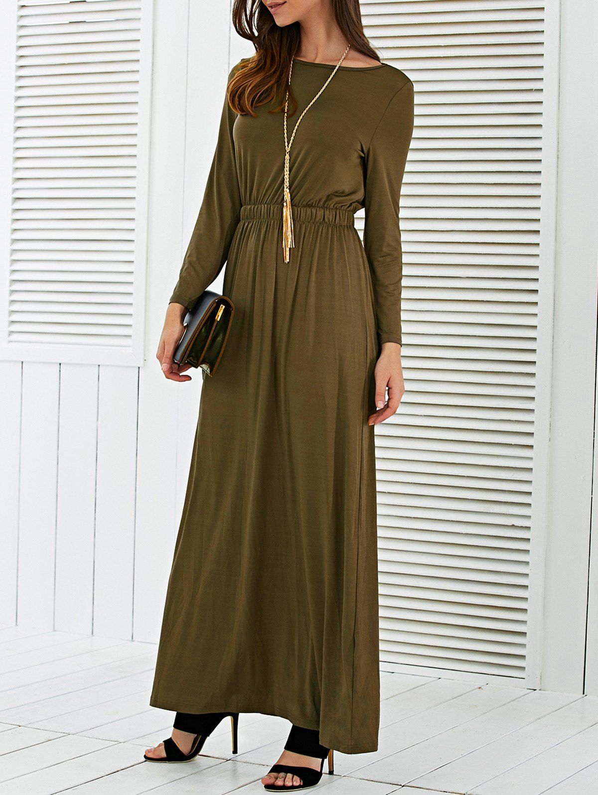 

Long Sleeve Waisted Maxi Dress, Army green