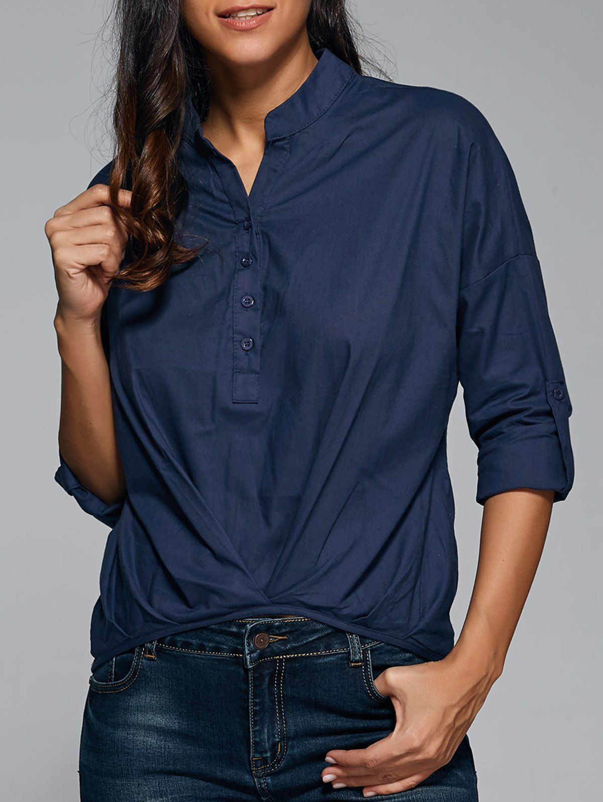 

Ruched Button Design Asymmetrical Blouse, Cadetblue