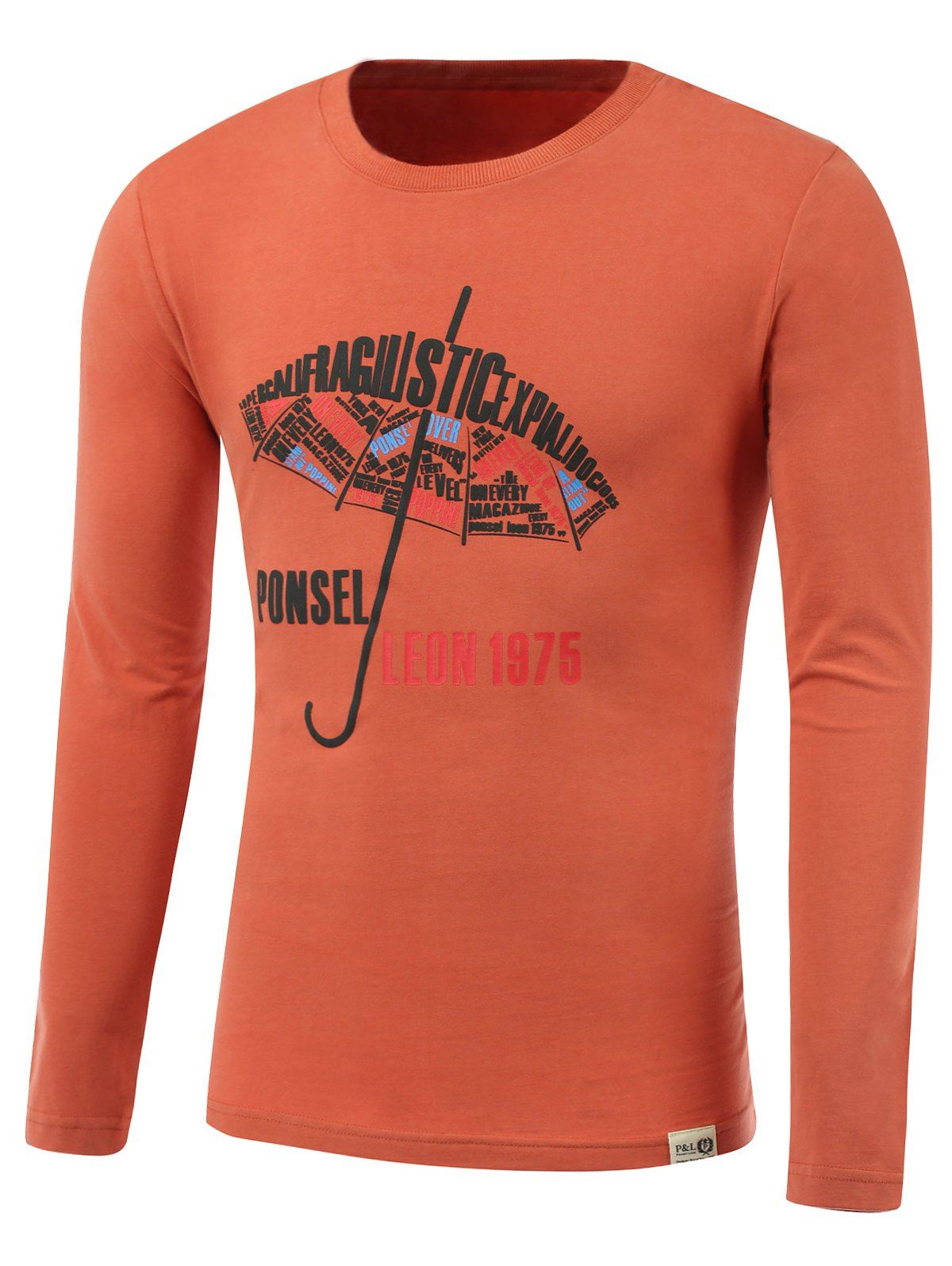 

Umbrella and Letters Print Round Neck Long Sleeve T-Shirt, Orange