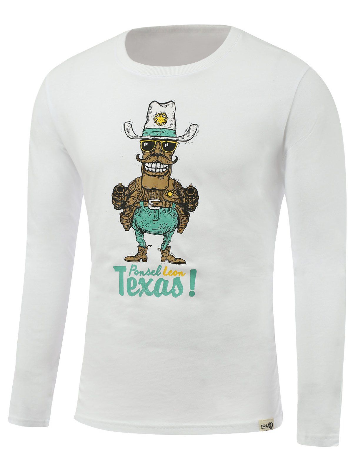 

Cartoon Cowboy Print Round Neck Long Sleeve T-Shirt, White