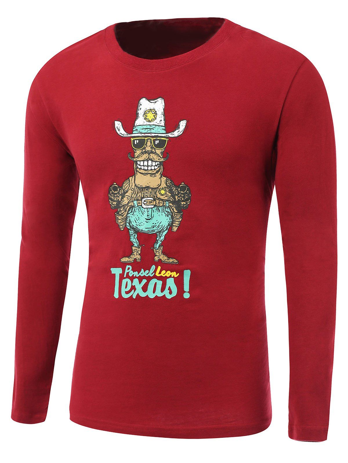 

Cartoon Cowboy Print Round Neck Long Sleeve T-Shirt, Wine red
