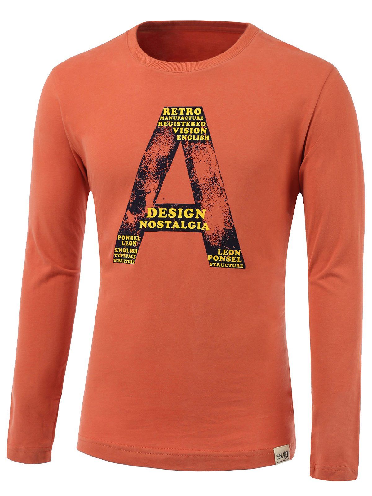 

Letter A Print Round Neck Long Sleeve T-Shirt, Orange