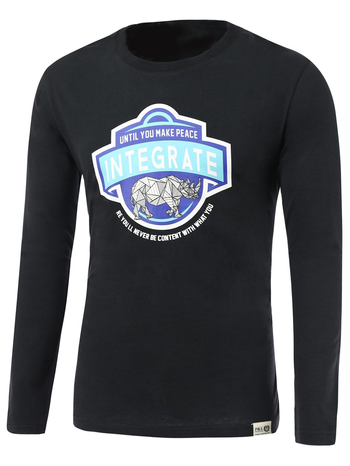 

Rhinoceros and Letters Print Round Neck Long Sleeve T-Shirt, Black